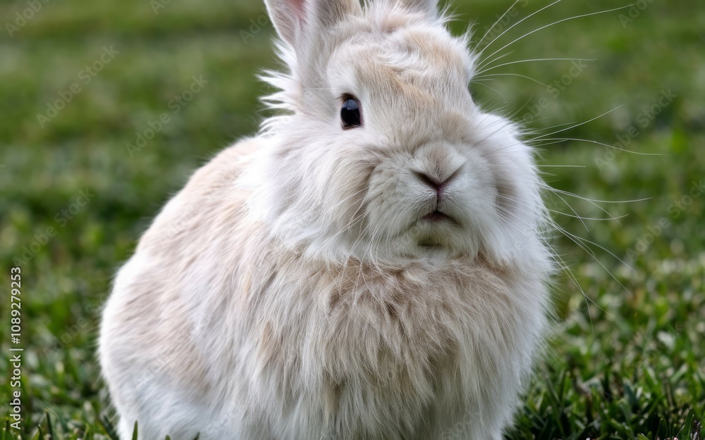 Fluffy bunny in grass. Adorable white rabbit enjoying springtime, symbolizes innocence and purity. A peaceful scene. Fluffy bunny in grass. Adorable white rabbit enjoying springtime, symbolizes innocence and purity. A peaceful scene.