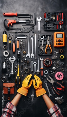 Different auto mechanic's tools on grey table, flat lay photo