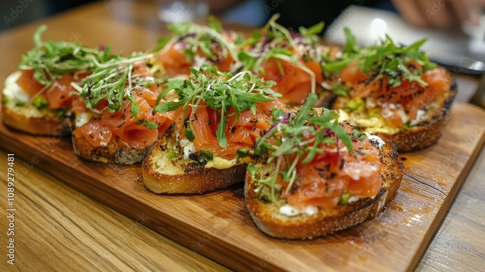 Delicious open-faced sandwiches topped with gourmet smoked salmon, fresh greens, and herbs, beautifully arranged on a wooden platter. Delicious open-faced sandwiches topped with gourmet smoked salmon, fresh greens, and herbs, beautifully arranged on a wooden platter.
