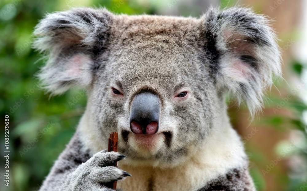 Obraz premium Koala eating eucalyptus. Adorable koala enjoys a eucalyptus leaf, symbolizing Australian wildlife and nature's beauty.
