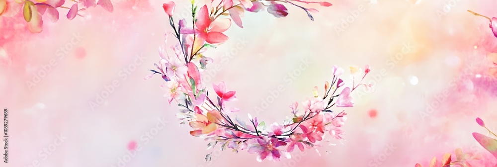 Obraz premium A pink background with a flowery design in the center. The design is a crescent moon with pink flowers surrounding it. Scene is peaceful and serene, with the flowers representing love and beauty