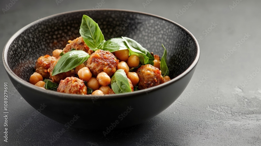 Savory meatballs mixed with chickpeas and garnished with fresh basil leaves in a black bowl on an elegant dark surface Savory meatballs mixed with chickpeas and garnished with fresh basil leaves in a black bowl on an elegant dark surface