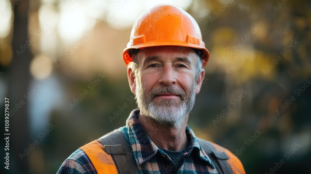 Portrait of a seasoned arborist wearing an orange hard hat and plaid shirt, smiling confidently against a softly blurred natural background. Portrait of a seasoned arborist wearing an orange hard hat and plaid shirt, smiling confidently against a softly blurred natural background.
