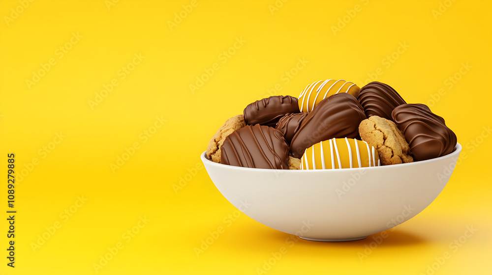 A bowl filled with traditional holiday treats, such as cookies and chocolates, set against a bright yellow background. A bowl of festive sweets on a yellow surface.


