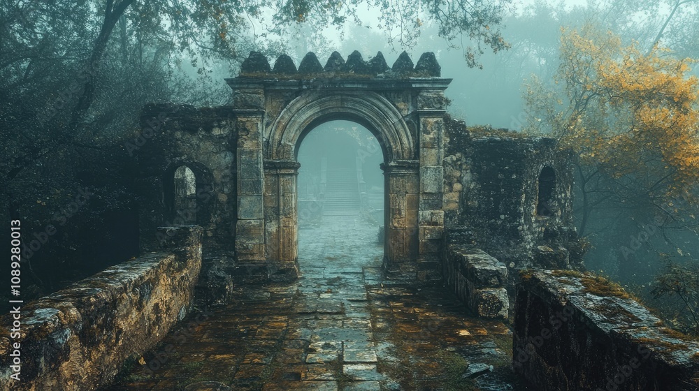 Fototapeta premium Historic ruins framed by lush foliage with a misty atmosphere, featuring an intricate archway and soft, muted colors creating an enchanting scene.