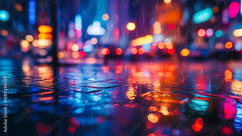 Wet city street at night with blurred lights in the background. Wet city street at night with blurred lights in the background.