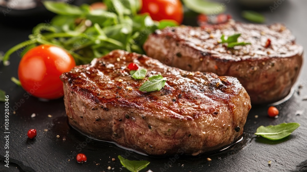 Grilled steaks expertly seared, garnished with fresh herbs, alongside vibrant cherry tomatoes and a side of crisp vegetable salad. Grilled steaks expertly seared, garnished with fresh herbs, alongside vibrant cherry tomatoes and a side of crisp vegetable salad.