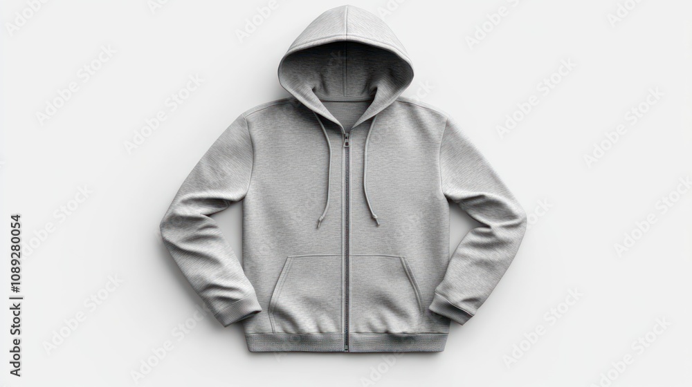 A gray zip-up hoodie displayed flat, showcasing its design and casual style. A gray zip-up hoodie displayed flat, showcasing its design and casual style.