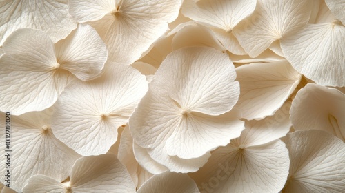 Close-up view of delicate ivory hydrangea petals layered gracefully, showcasing intricate textures against a soft background of dried floral elements.
