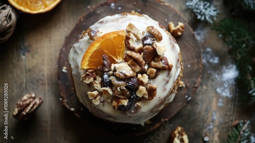 Fruit cake adorned with icing, nuts, and dried orange slices, placed on a rustic wooden surface, ideal for winter celebrations and festive gatherings.