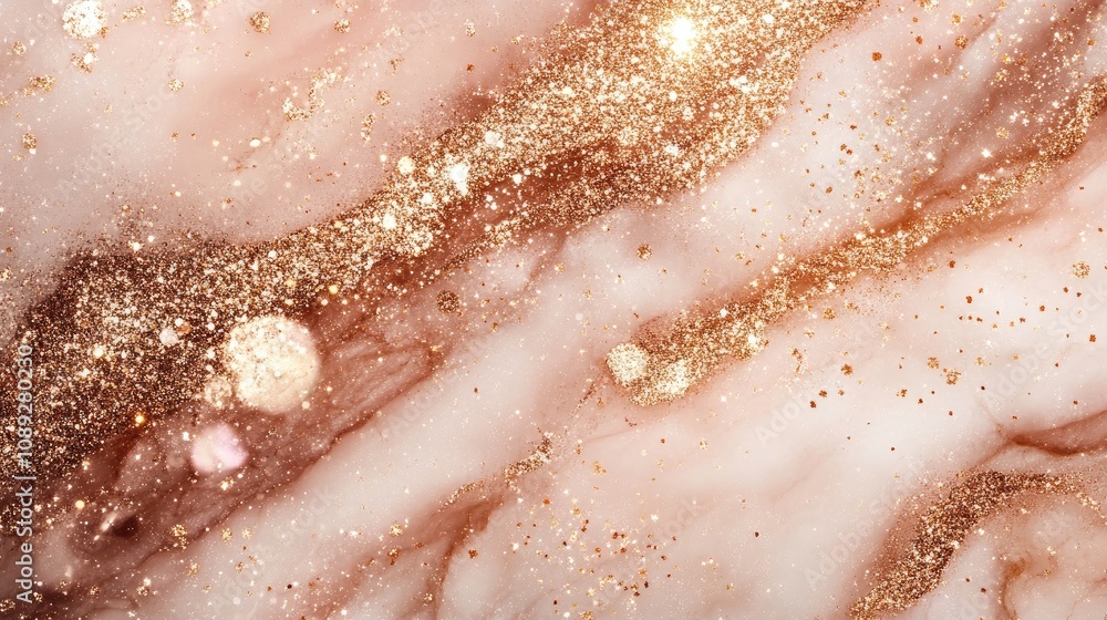 Obraz premium Rose gold glitter marble texture featuring a soft pink palette with shimmering gold and copper accents for a luxurious and elegant background.