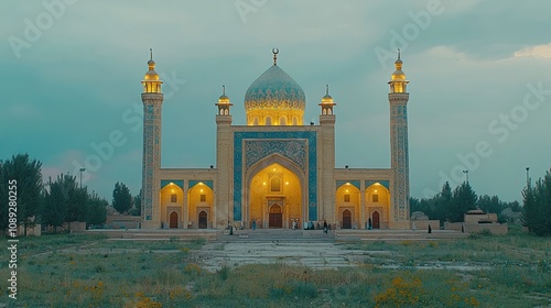 Illuminated mosque at dusk. (1) photo