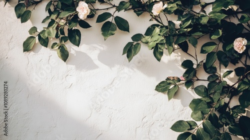 Gray shadows of wild rose leaves and flowers casting abstract silhouettes on a textured white wall with soft blurred background and ample text space photo