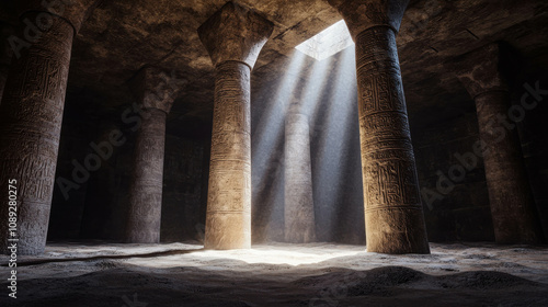 Mysterious Ancient Hall with Sunlight Streaming Through a Roof Opening Illuminating Ancient Pillars and Dust in a Dark Stone Chamber photo