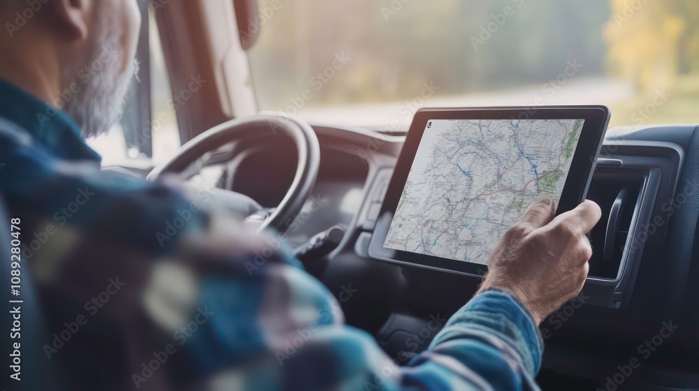 A truck driver consults a map displayed on a tablet, with a blurred background and ample blank space for additional content. A truck driver consults a map displayed on a tablet, with a blurred background and ample blank space for additional content.