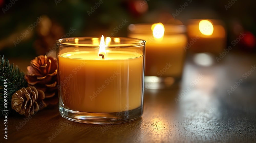 Warm candle light with festive holiday decor Warm candle light with festive holiday decor