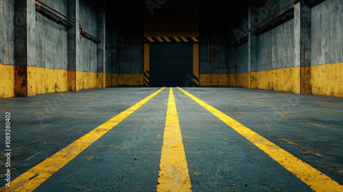 Wallpaper Mural Empty factory floor with yellow lines and dark walls, creating stark industrial atmosphere. machinery is halted, emphasizing stillness and abandonment of space Torontodigital.ca