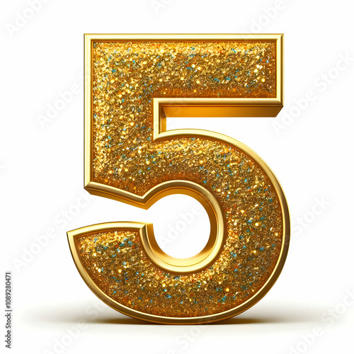 Golden 3d number 5 in glitter texture isolated on white background photo