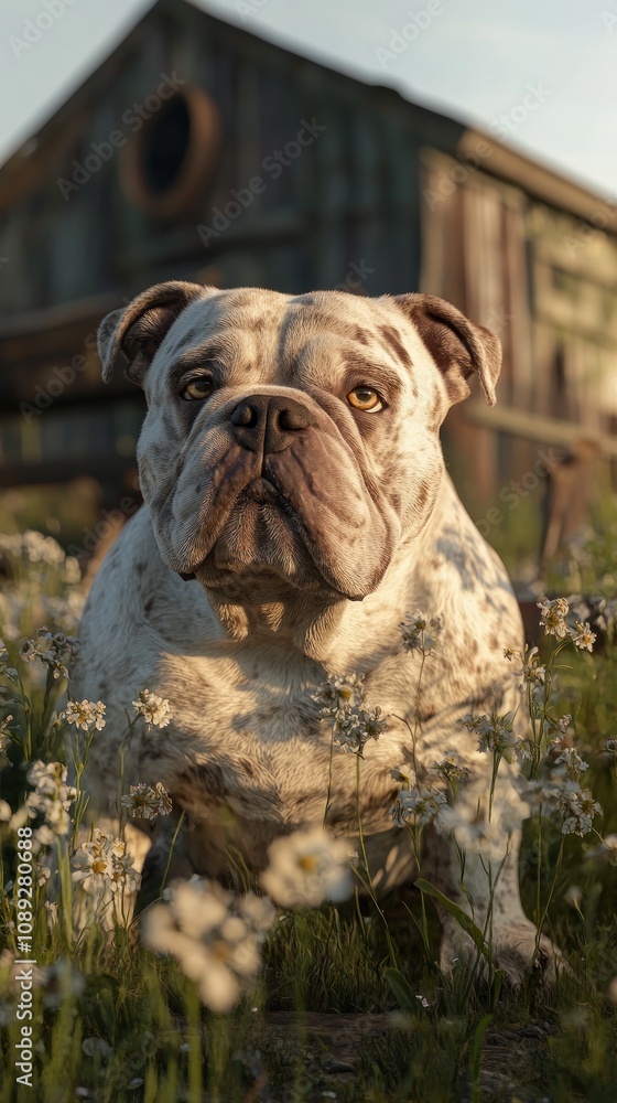 A close-up of a bulldog resting in a field of flowers with a rustic building in the background. A close-up of a bulldog resting in a field of flowers with a rustic building in the background.