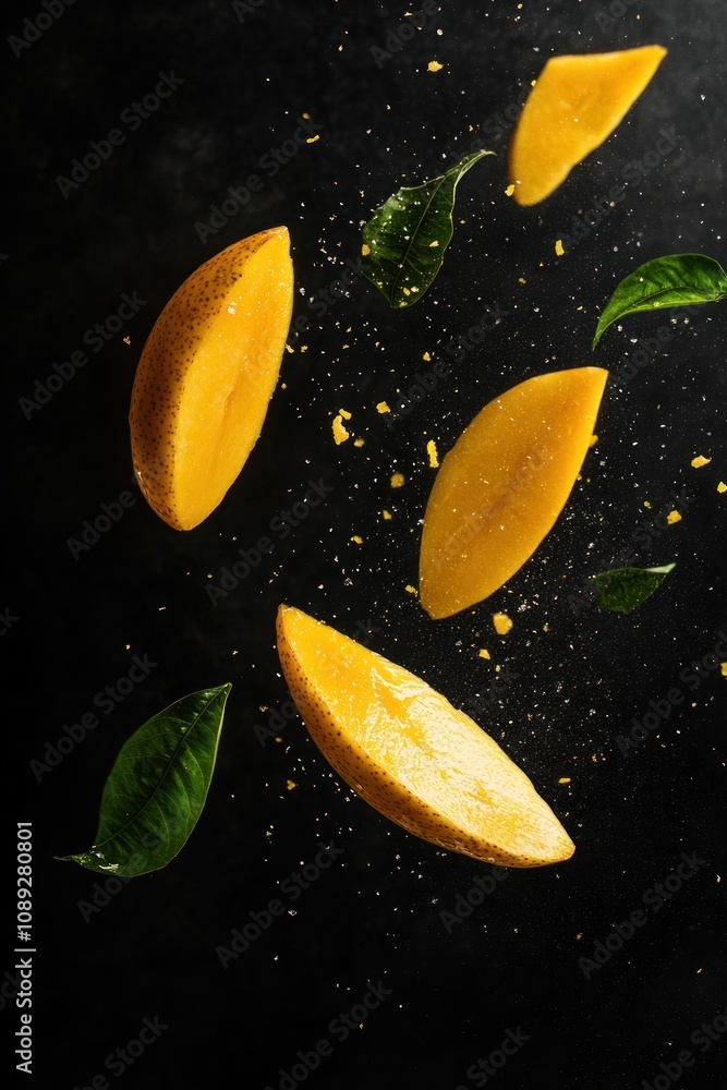 Slices of mango and green leaves floating against a dark background. Slices of mango and green leaves floating against a dark background.