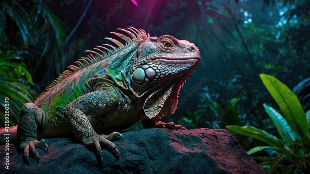 Fototapeta premium Iguana Illuminated by Neon Lights