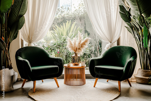 Boudoir, petit salon, salle d'attente, avec deux fauteuils en velours vert et une petite table, devant une porte fenêtre donnant sur un jardin photo