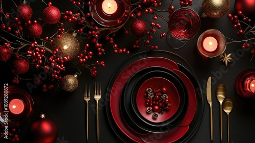 Wallpaper Mural Elegant holiday table setting with red and gold decorations, round ornaments, and candles creating a festive and cozy ambiance. Torontodigital.ca