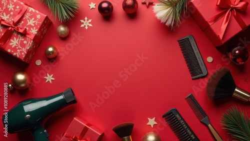 New Year and Christmas greetings for the hairdresser with space for text. hair coloring brushes, hair dryer, combs, scissors, gifts on a red background