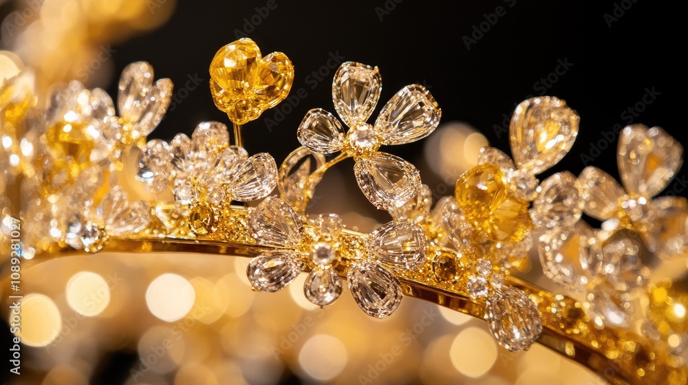 Intricate golden crown adorned with sparkling crystals and floral motifs, showcasing detailed craftsmanship and rich shimmer against a dark background. Intricate golden crown adorned with sparkling crystals and floral motifs, showcasing detailed craftsmanship and rich shimmer against a dark background.
