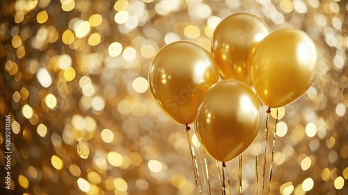 Golden helium balloons with a shimmering festive backdrop, perfect for a 59th birthday or anniversary celebration filled with joy and sparkle. photo