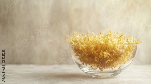 Golden Irish moss elegantly arranged in a clear glass bowl, illuminated by soft light, with ample copy space surrounding the stunning display. photo