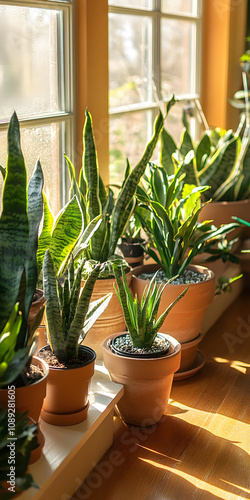 Plantas ornamentais em vasos em um ambiente iluminado photo