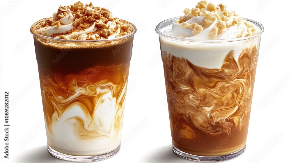 Iced coffee drinks showcasing rich layers of dark and light coffee, topped with creamy swirls and crunchy garnishes for added texture and flavor. Iced coffee drinks showcasing rich layers of dark and light coffee, topped with creamy swirls and crunchy garnishes for added texture and flavor.