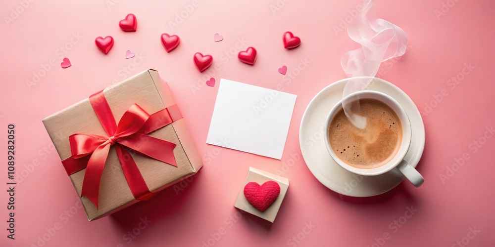 A Romantic Gift Set with a Cup of Coffee and Heart Decorations on a Pink Background A Romantic Gift Set with a Cup of Coffee and Heart Decorations on a Pink Background