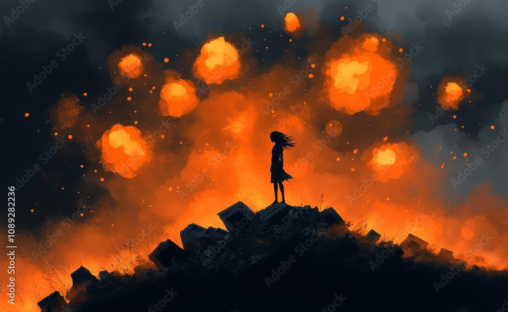 a warrior standing on many ruins against war and building burning, digital illustration art painting design style a warrior standing on many ruins against war and building burning, digital illustration art painting design style