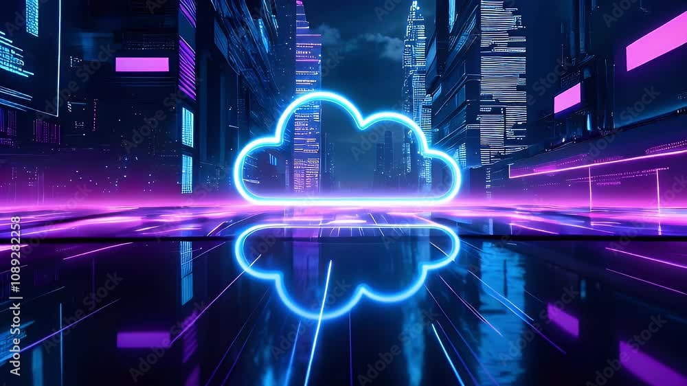 Neon cloud symbol in futuristic city reflecting on glossy surface. Neon cloud symbol in futuristic city reflecting on glossy surface.