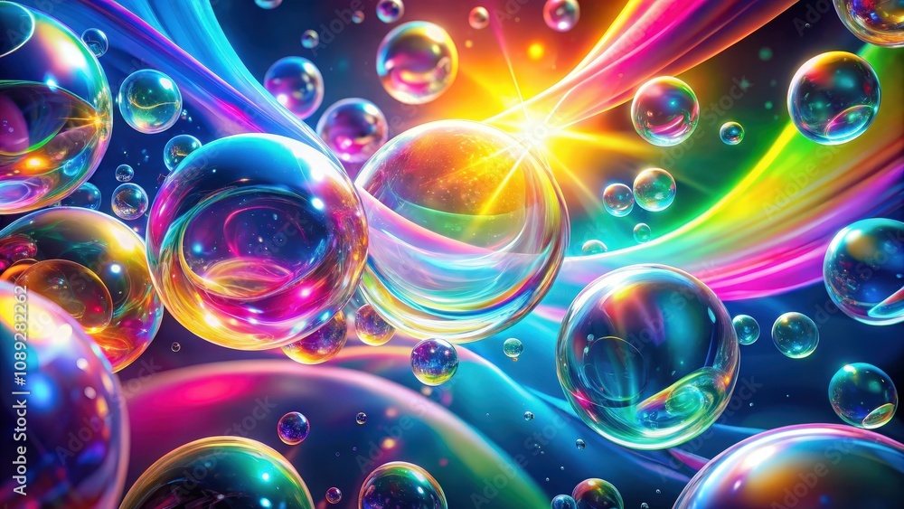 Abstract iridescent bubbles dance and shimmer in a rainbow of colors, illuminated by a radiant glow, creating a mesmerizing and surreal visual spectacle. Abstract iridescent bubbles dance and shimmer in a rainbow of colors, illuminated by a radiant glow, creating a mesmerizing and surreal visual spectacle.
