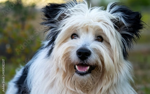 Happy fluffy dog portrait. Adorable canine friend, playful and joyful expression. Symbol of unconditional love and companionship.