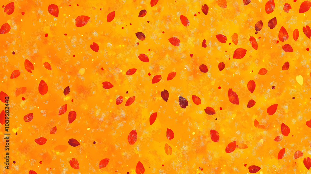 Abstract autumnal background with scattered red and orange leaves on a textured orange backdrop. Abstract autumnal background with scattered red and orange leaves on a textured orange backdrop.