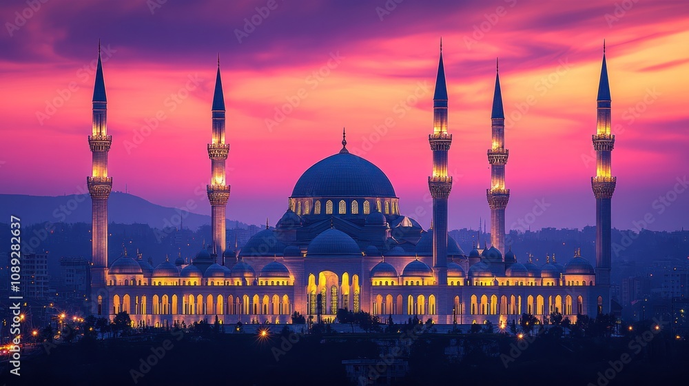 Obraz premium Illuminated mosque at sunset. (1)