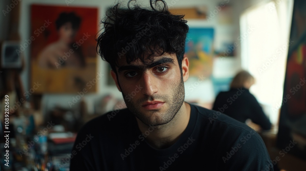 A young man with dark hair gazes thoughtfully in an artistic studio setting. A young man with dark hair gazes thoughtfully in an artistic studio setting.