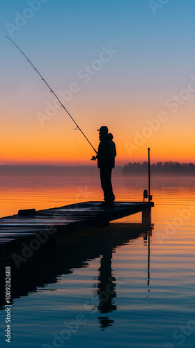 A man fishing at dawn on the pier. AI Generated