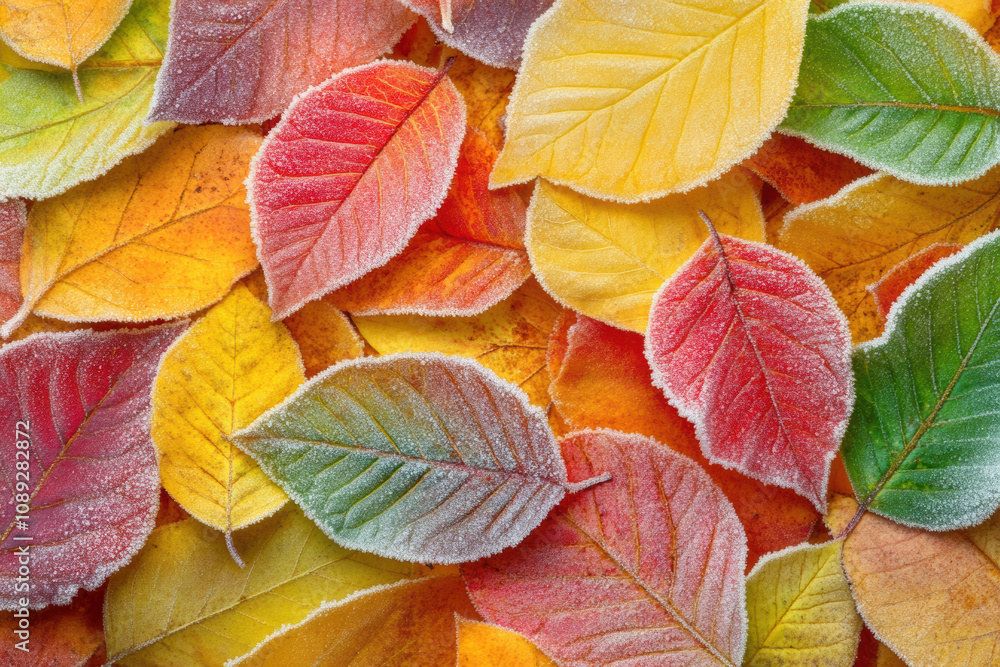 a vibrant background of autumn leaves in red, yellow, orange, and green hues, each outlined with a frosty texture a vibrant background of autumn leaves in red, yellow, orange, and green hues, each outlined with a frosty texture