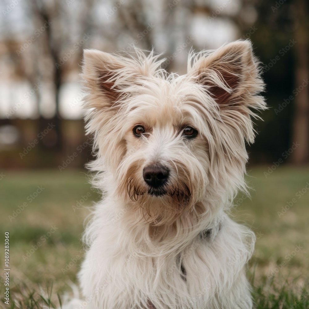 Fluffy dog portrait. Adorable fluffy dog gazing intently.  A sweet, loyal companion.