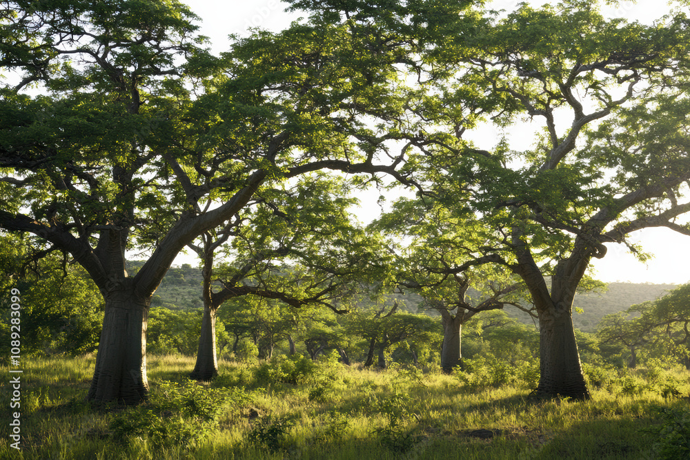 A landscape photo featuring large green baobab trees in daylight with a grassy field and scattered trees in the background A landscape photo featuring large green baobab trees in daylight with a grassy field and scattered trees in the background