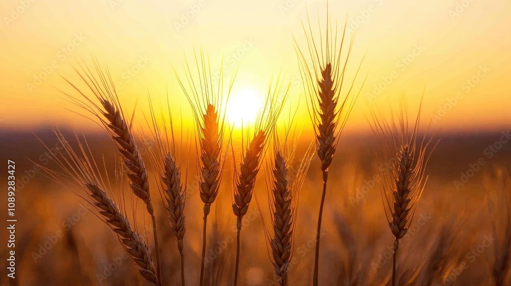 Silhouette of bearded wheat spikelets against a stunning sunset, showcasing vibrant hues and the serene beauty of nature in fading light. Silhouette of bearded wheat spikelets against a stunning sunset, showcasing vibrant hues and the serene beauty of nature in fading light.