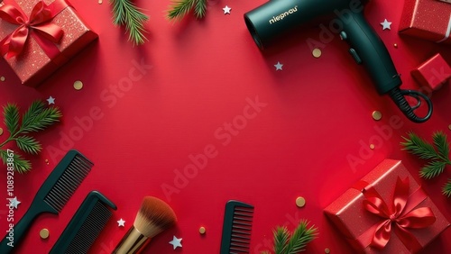 New Year and Christmas greetings for the hairdresser with space for text. hair coloring brushes, hair dryer, combs, scissors, gifts on a red background