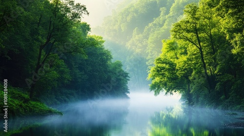 Serene morning mist rises over a tranquil river, surrounded by lush green trees, creating an enchanting and peaceful atmosphere.