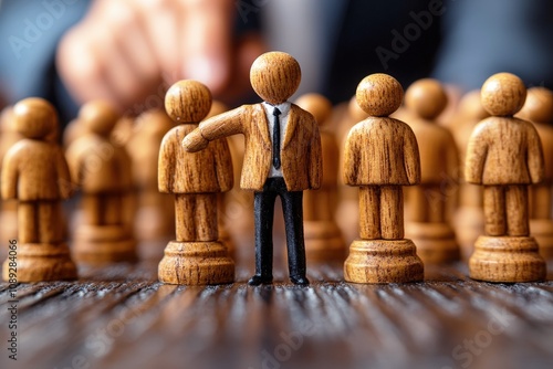 Wooden figurine representing leadership stands among other figures to symbolize uniqueness and decision-making in a professional environment