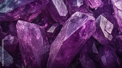 Magnified view of vibrant potassium permanganate crystals displaying intricate purple hues and unique textures, perfect for abstract scientific backgrounds. photo